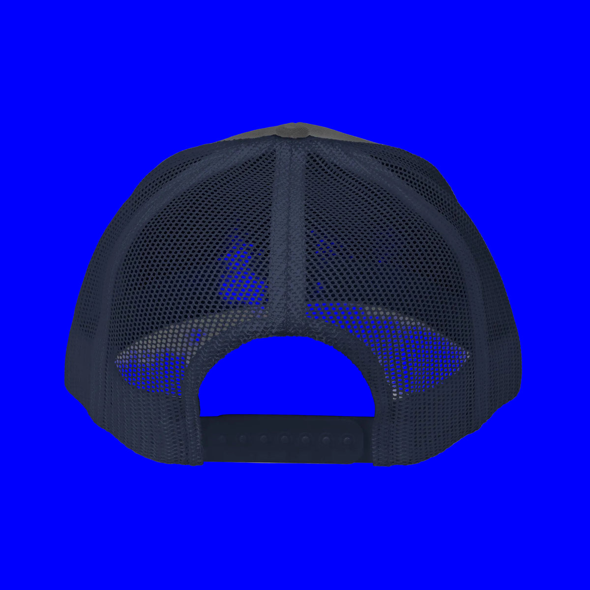 Back view of an embroidered trucker cap showcasing the mesh design and adjustable strap.