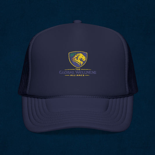 Global Wellness Alliance Trucker Hat — Embroidered Shield Logo Foam Cap