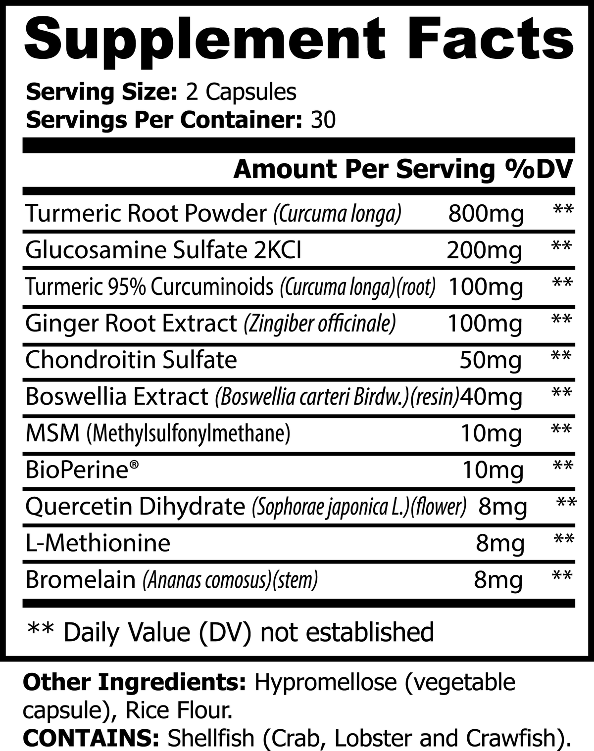Supplement facts label for premium turmeric extract blend showcasing ingredients and health benefits.