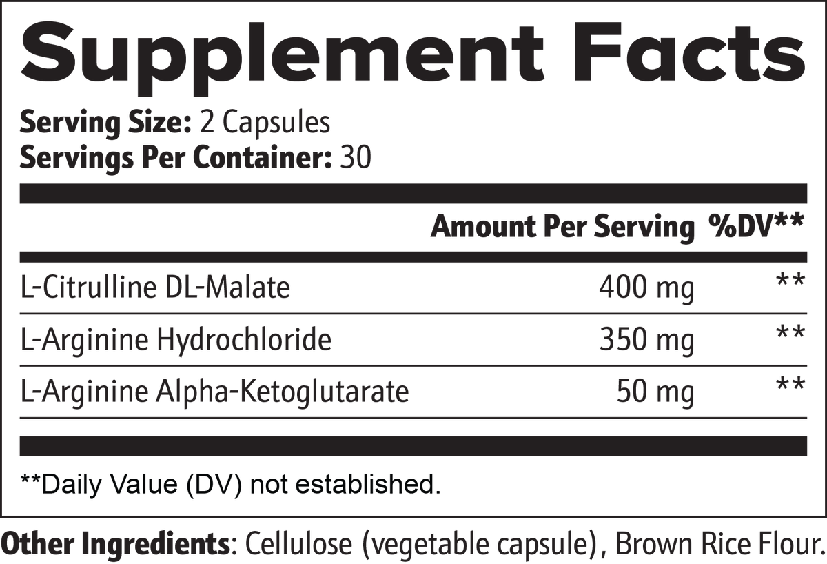 Supplement facts for nitric oxide supplement for circulation highlighting ingredients and nutritional information.