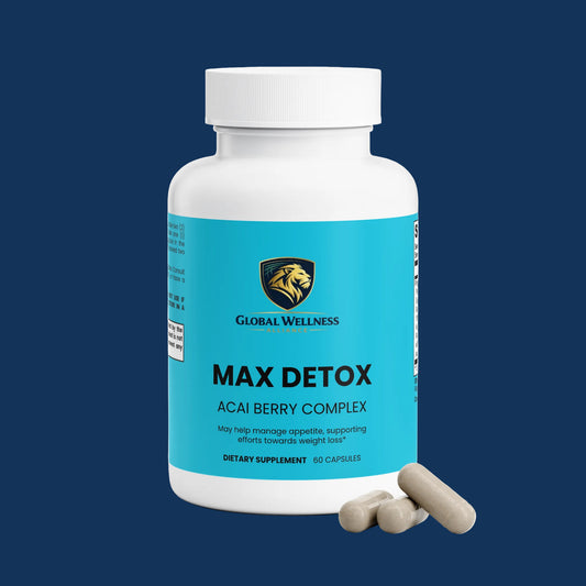 acai detox supplement Max Detox bottle with capsules, dietary supplement for appetite management and weight loss.