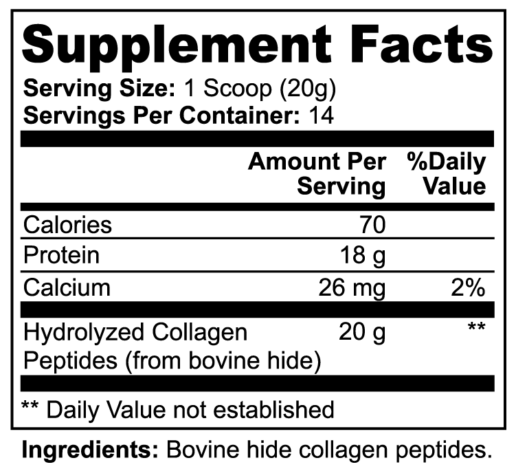 Supplement Facts for grass-fed collagen peptides showing calories, protein, calcium, and hydrolyzed collagen content.