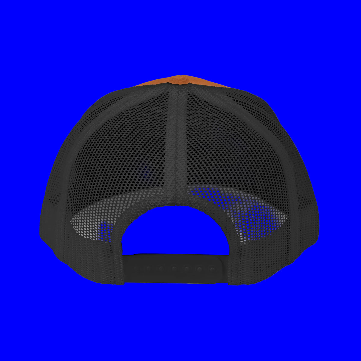 Back view of the embroidered trucker cap featuring a mesh design and an orange accent.