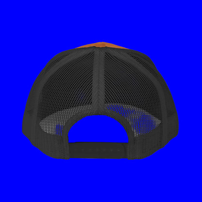 Back view of the embroidered trucker cap featuring a mesh design and an orange accent.