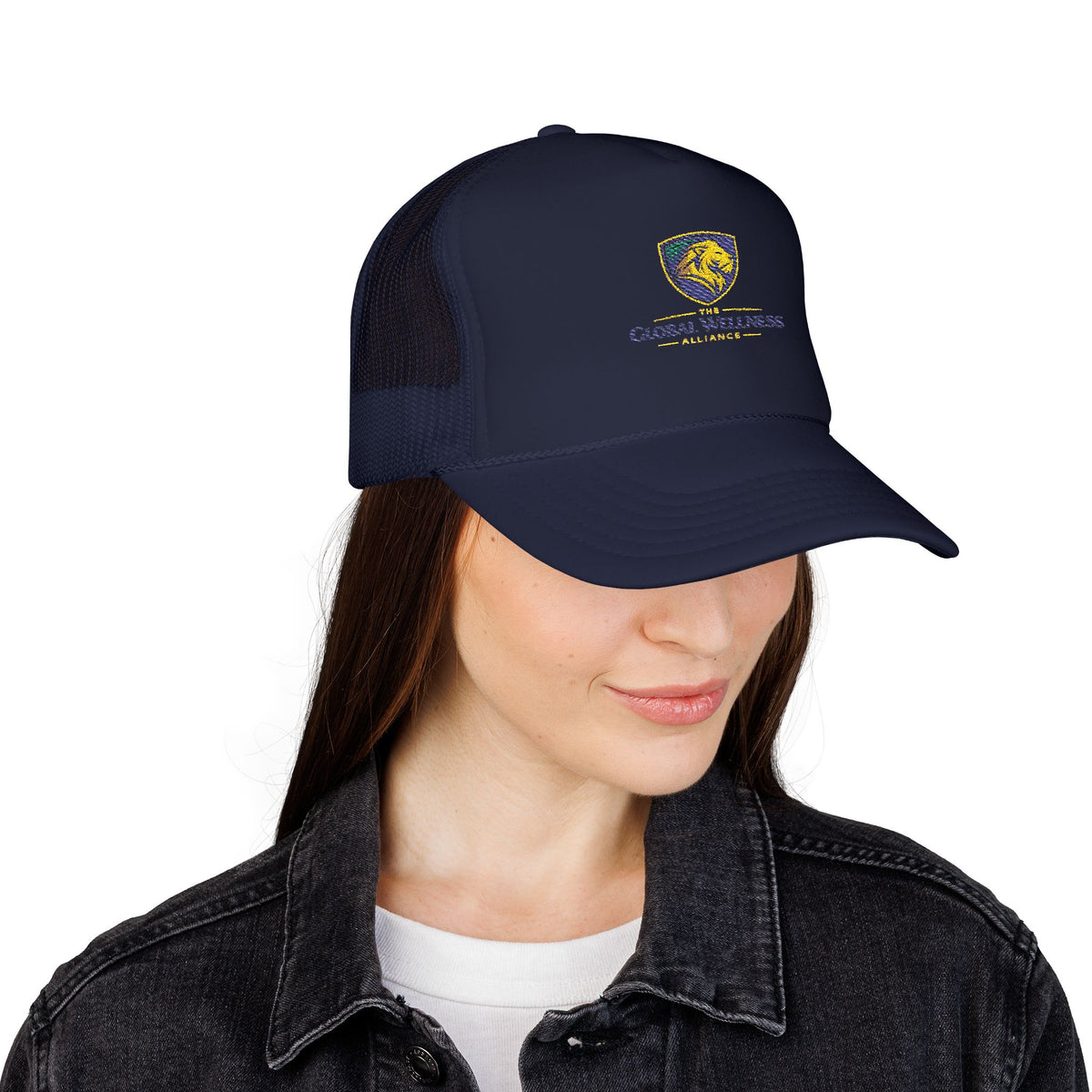 Global Wellness Alliance Trucker Hat — Embroidered Shield Logo Foam Cap