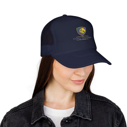 Global Wellness Alliance Trucker Hat — Embroidered Shield Logo Foam Cap