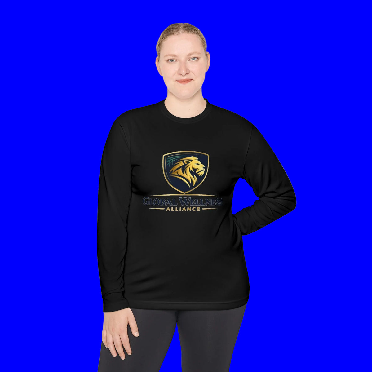 Moisture-wicking long sleeve tee featuring Global Wellness Alliance logo on a model against a blue background.
