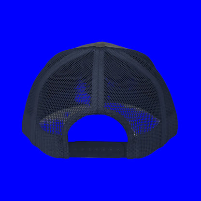 Back view of an embroidered trucker cap showcasing the mesh design and adjustable strap.