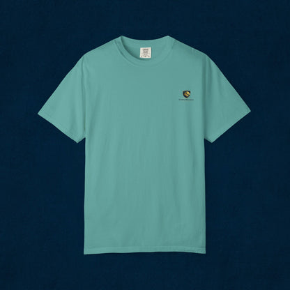 Minimal Cream T‑Shirt with Small Shield Logo — Casual Everyday Tee