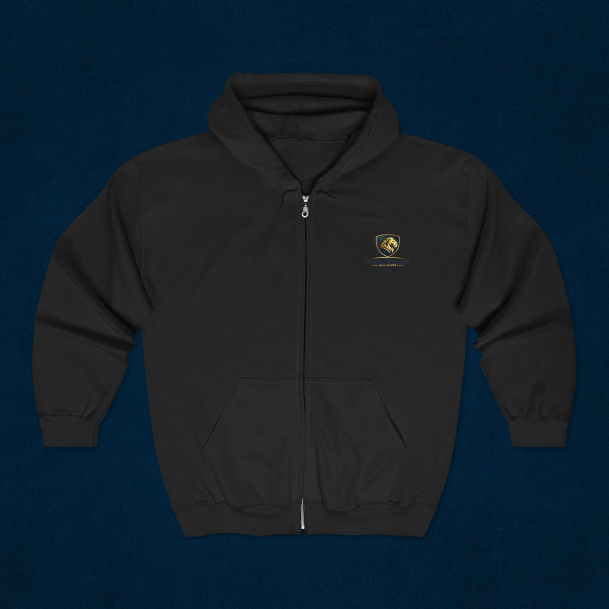Full-Zip Hoodie with Small Crest Logo - Classic Black Zip-Up Sweatshirt