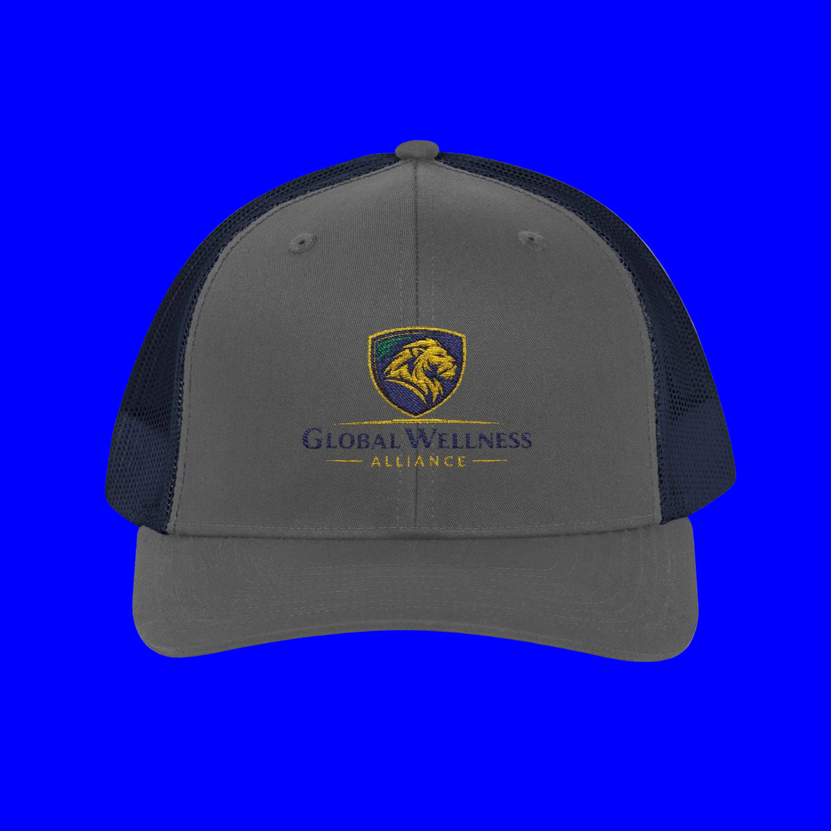Embroidered trucker cap in gray with Global Awareness Shield logo in orange, perfect for outdoor activities.