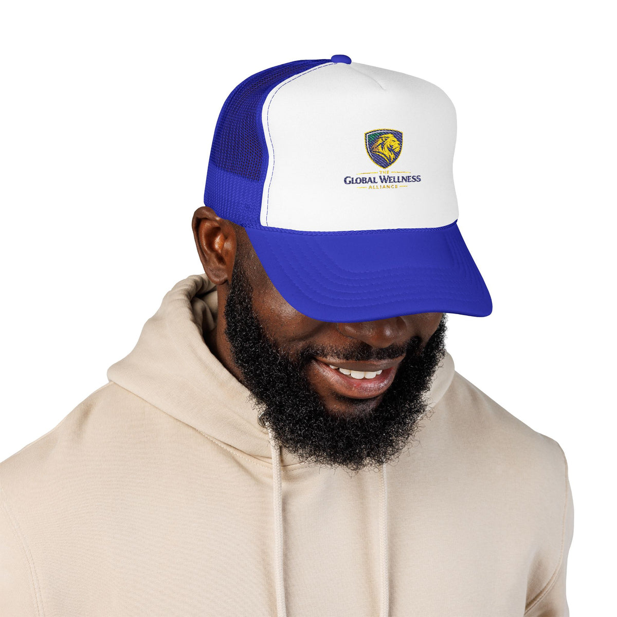 Global Wellness Alliance Trucker Hat — Embroidered Shield Logo Foam Cap