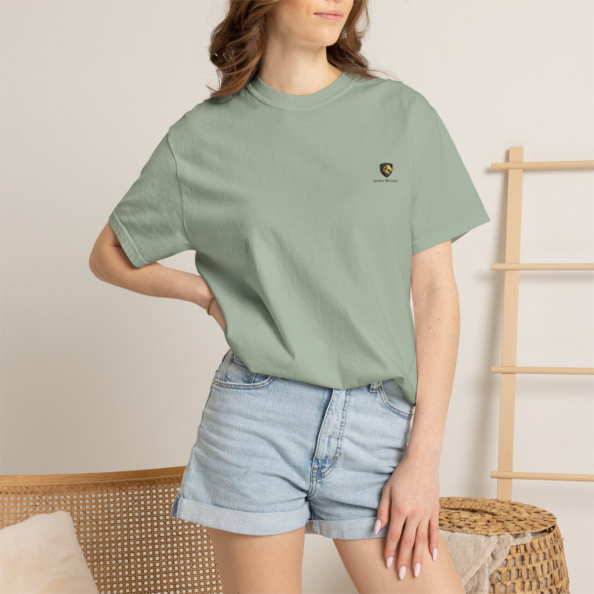 Minimal Cream T‑Shirt with Small Shield Logo — Casual Everyday Tee