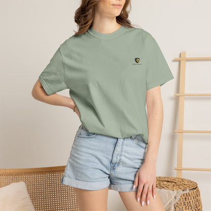 Minimal Cream T‑Shirt with Small Shield Logo — Casual Everyday Tee