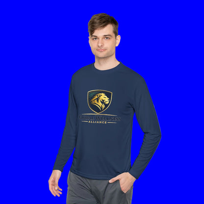 Man wearing moisture-wicking long sleeve tee from Global Wellness Alliance in navy blue.