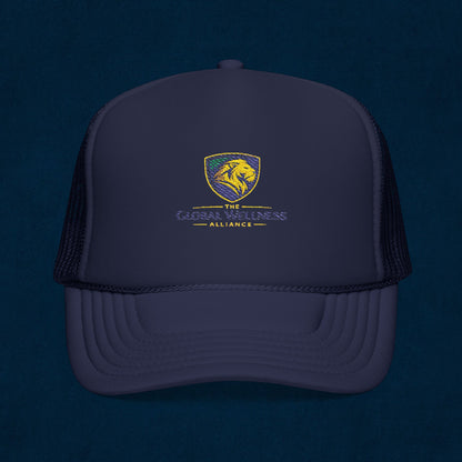 Global Wellness Alliance Trucker Hat — Embroidered Shield Logo Foam Cap