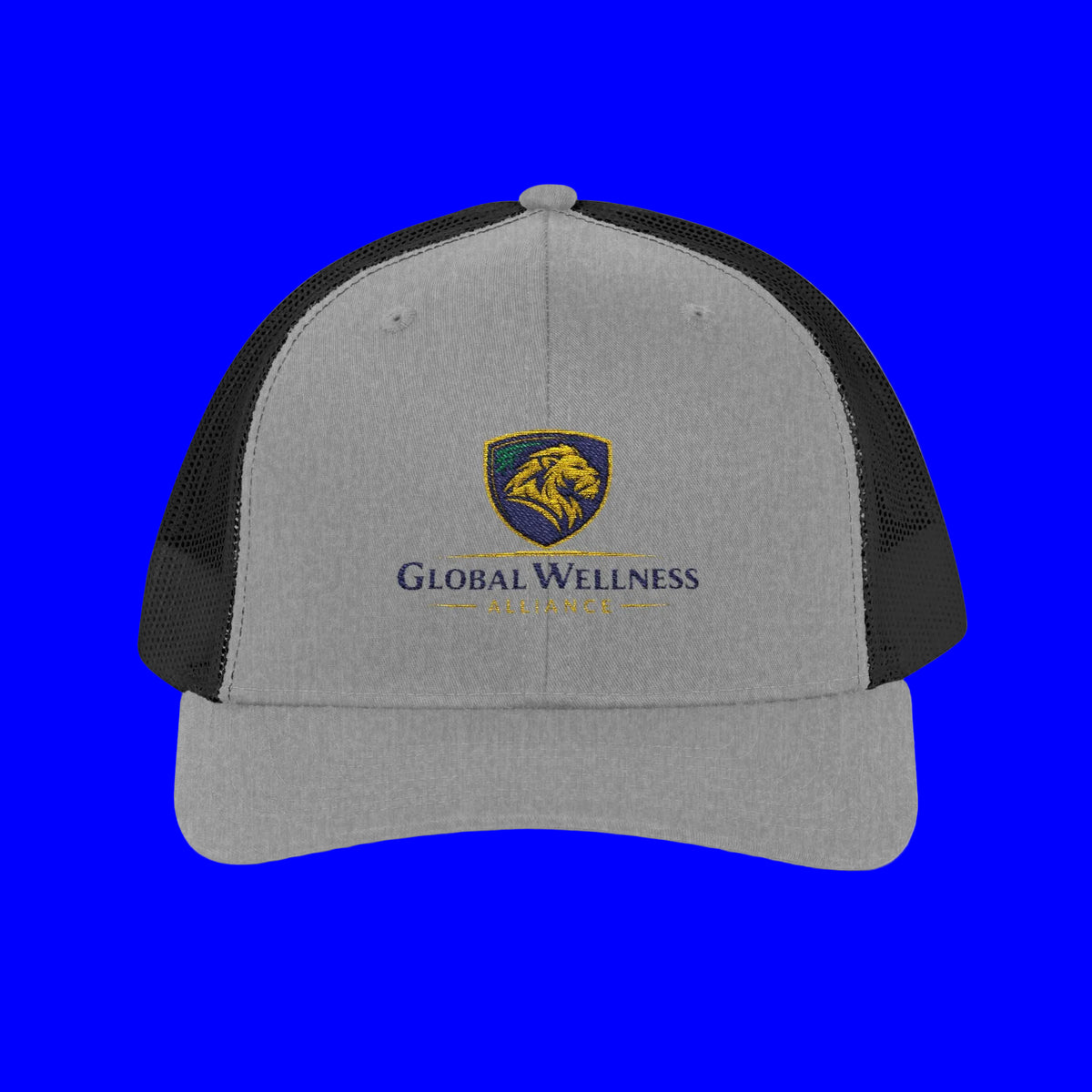 Embroidered trucker cap featuring Global Wellness shield logo in gray and black.