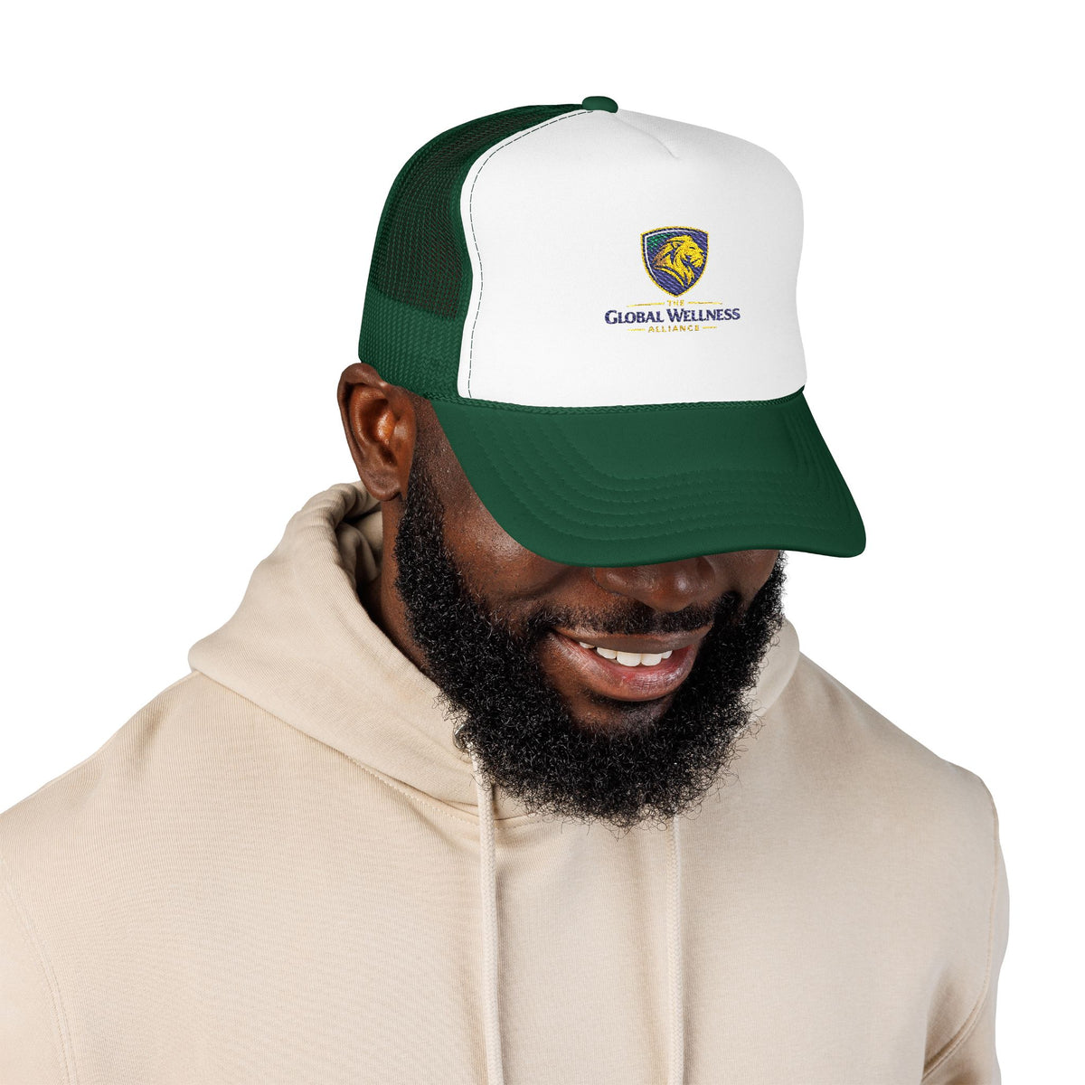 Global Wellness Alliance Trucker Hat — Embroidered Shield Logo Foam Cap