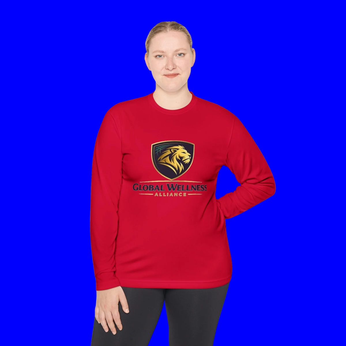 Moisture-wicking long sleeve tee in red, featuring Global Wellness Alliance logo, ideal for active lifestyles.