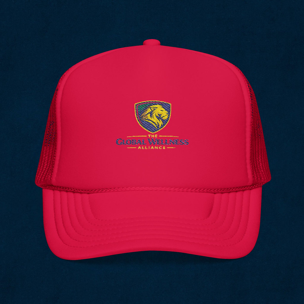 Global Wellness Alliance Trucker Hat — Embroidered Shield Logo Foam Cap