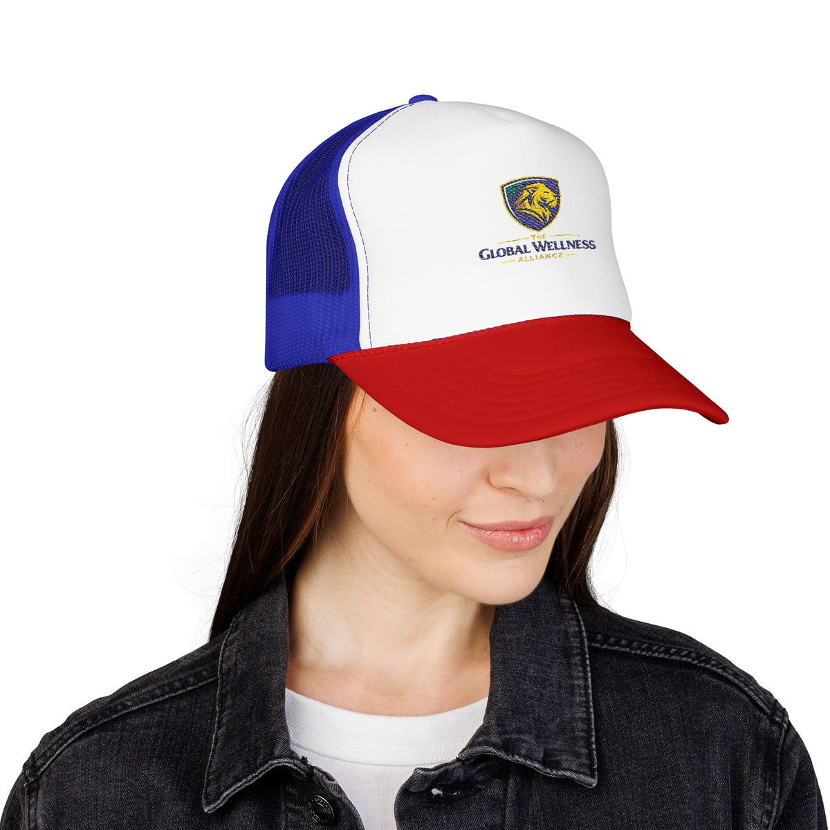 Global Wellness Alliance Trucker Hat — Embroidered Shield Logo Foam Cap