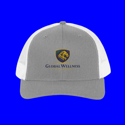 Embroidered trucker cap in gray and white with Global Wellness logo, perfect for outdoor activities and casual wear.