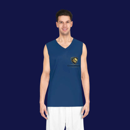 Navy Team Basketball Jersey with Gold Lion Crest — Custom Athletic Tank Top