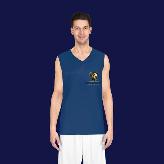 Navy Team Basketball Jersey with Gold Lion Crest — Custom Athletic Tank Top