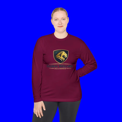 Moisture-wicking long sleeve tee featuring Global Wellness Alliance logo on a model, perfect for active lifestyles.