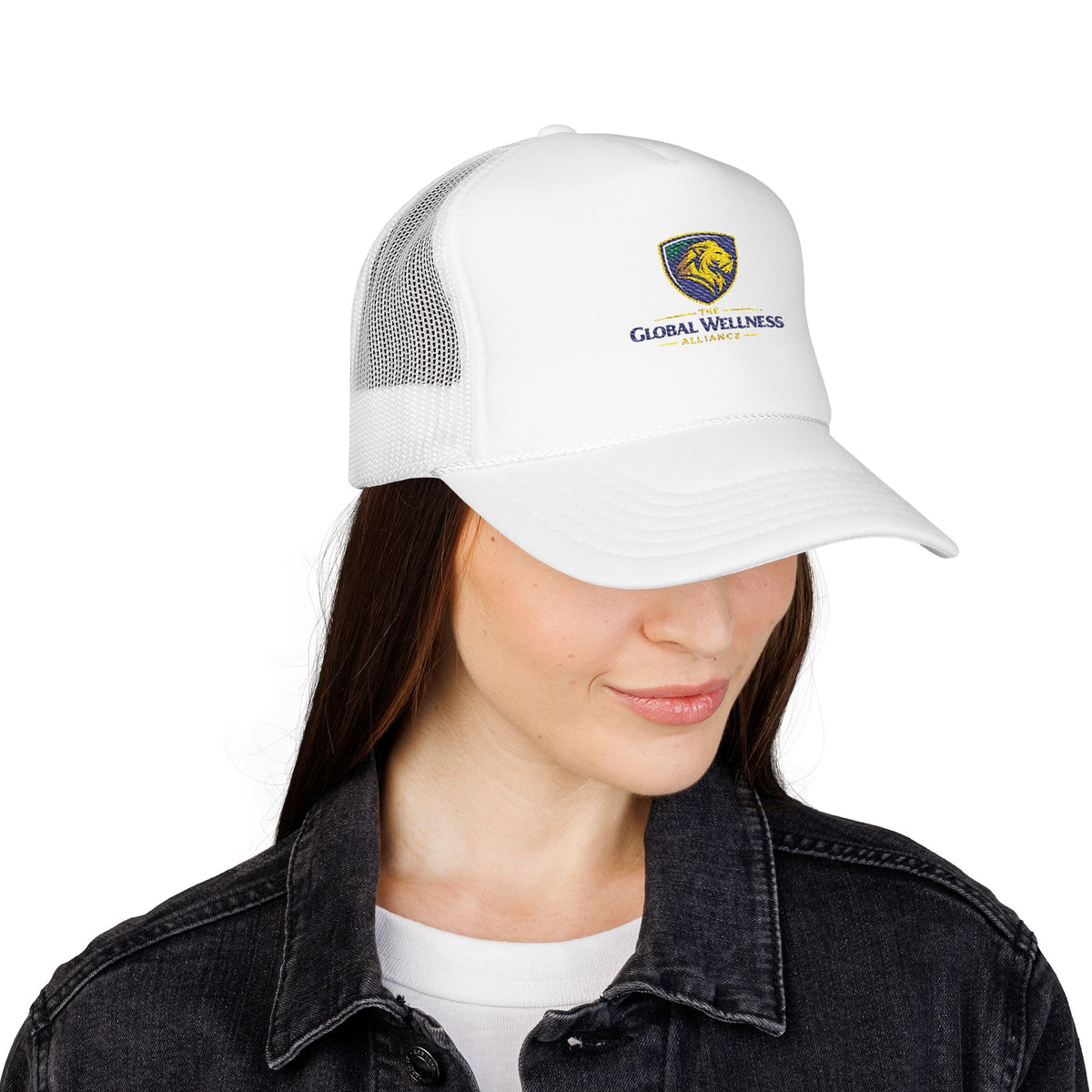 Global Wellness Alliance Trucker Hat — Embroidered Shield Logo Foam Cap