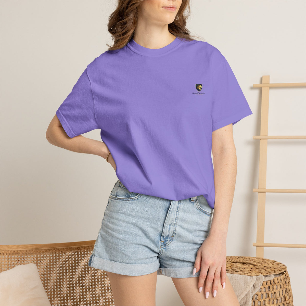 Minimal Cream T‑Shirt with Small Shield Logo — Casual Everyday Tee