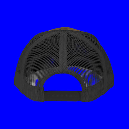 Back view of the embroidered trucker cap showcasing its mesh design and adjustable strap.