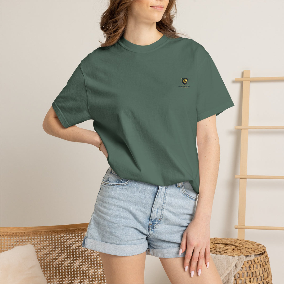 Minimal Cream T‑Shirt with Small Shield Logo — Casual Everyday Tee