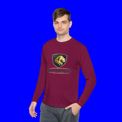Model wearing a moisture-wicking long sleeve tee in maroon with Global Wellness Alliance logo.
