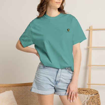 Minimal Cream T‑Shirt with Small Shield Logo — Casual Everyday Tee