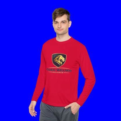 Moisture-wicking long sleeve tee in red featuring Global Wellness Alliance logo on model.