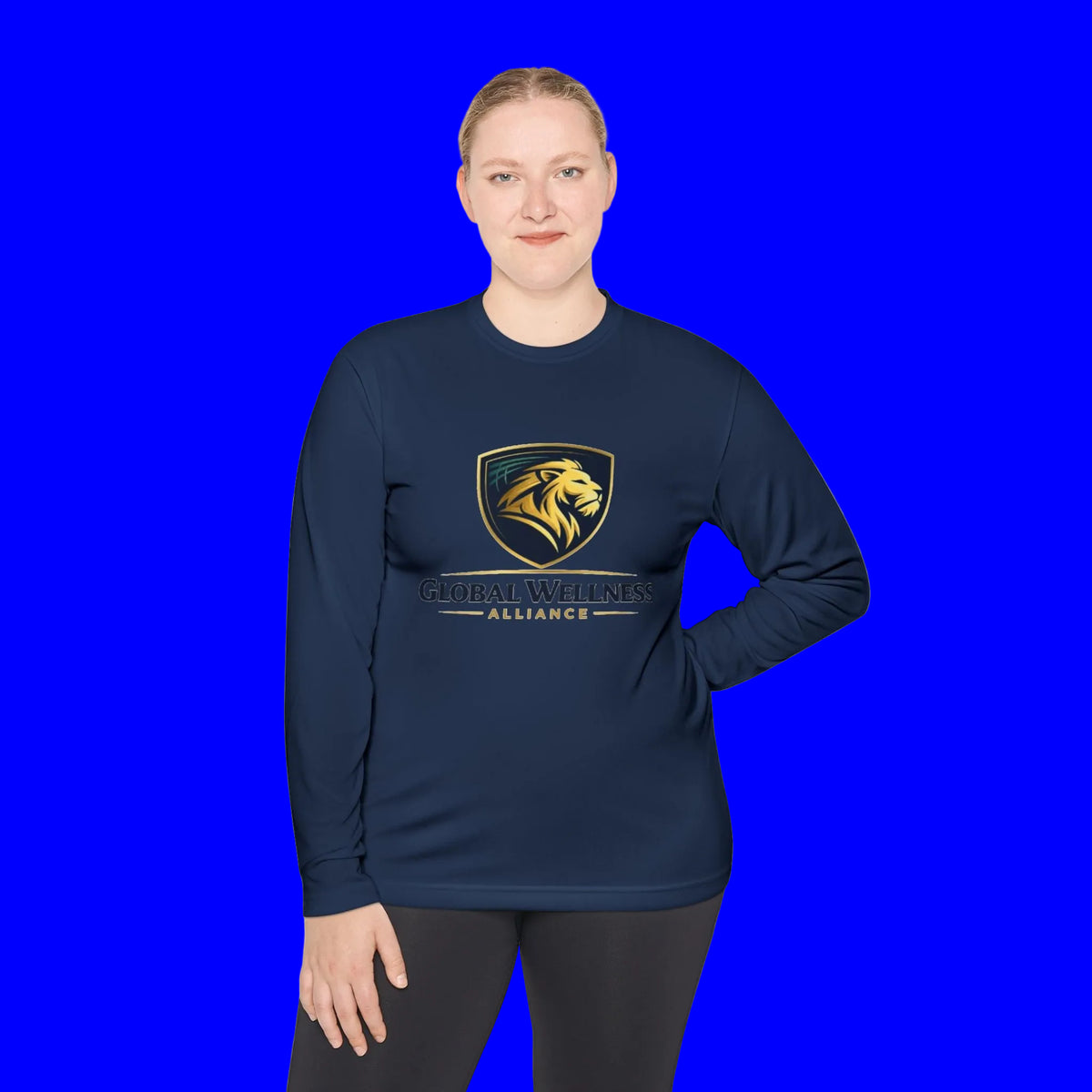 Woman wearing a moisture-wicking long sleeve tee, showcasing Global Wellness Alliance logo on a blue background.