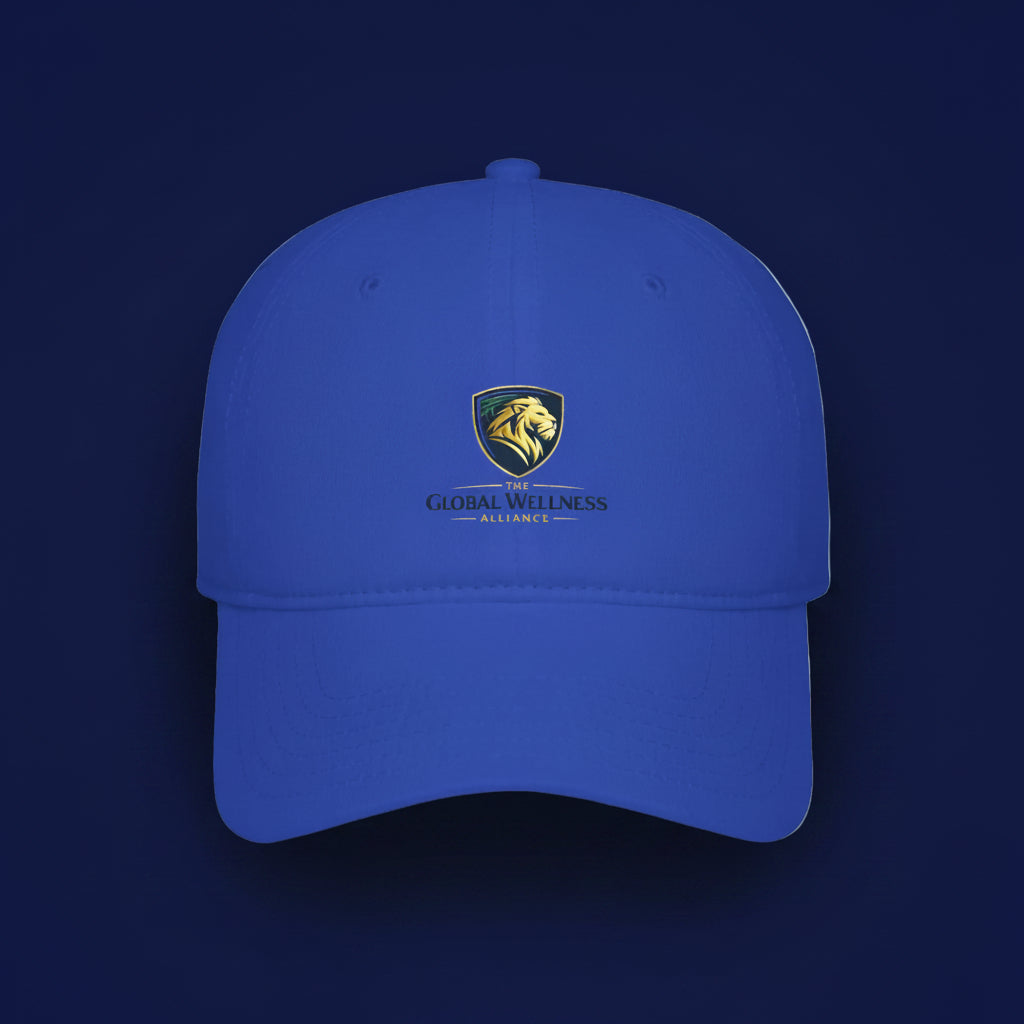 Embroidered Lion Shield Cap — Low Profile Baseball Hat with Global Wellness Logo