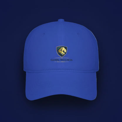 Embroidered Lion Shield Cap — Low Profile Baseball Hat with Global Wellness Logo