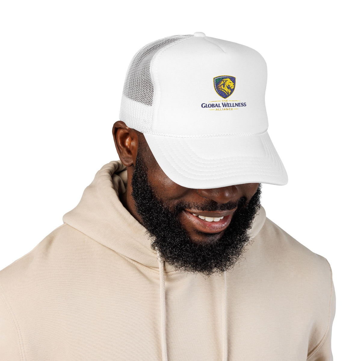 Global Wellness Alliance Trucker Hat — Embroidered Shield Logo Foam Cap