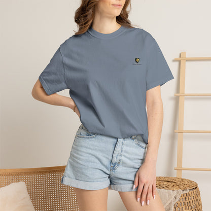 Minimal Cream T‑Shirt with Small Shield Logo — Casual Everyday Tee