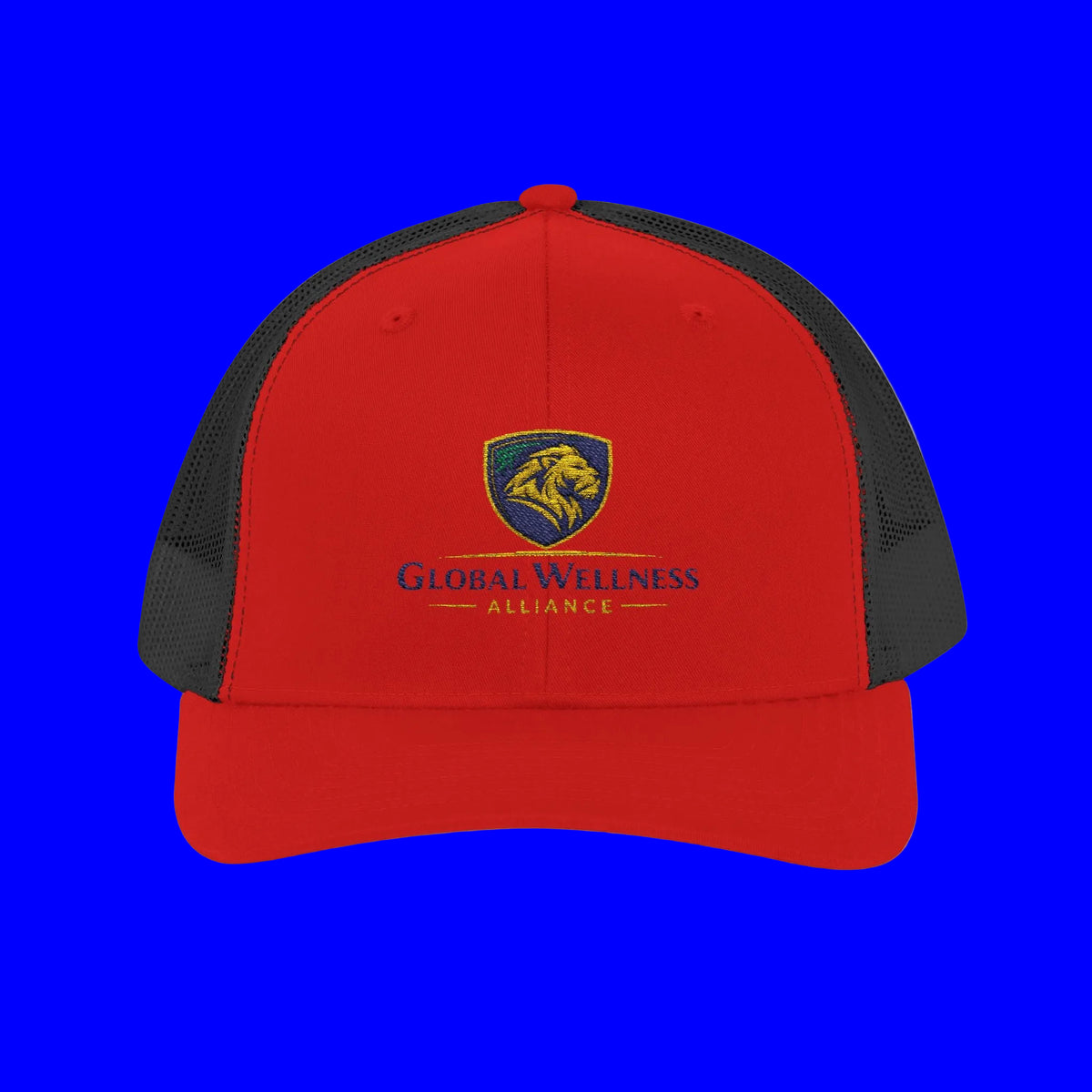 Embroidered trucker cap featuring the Global Wellness Alliance logo in red and black design.