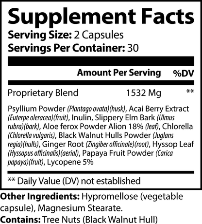 Supplement facts label for acai detox supplement highlighting key ingredients and serving details.