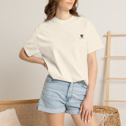 Minimal Cream T‑Shirt with Small Shield Logo — Casual Everyday Tee