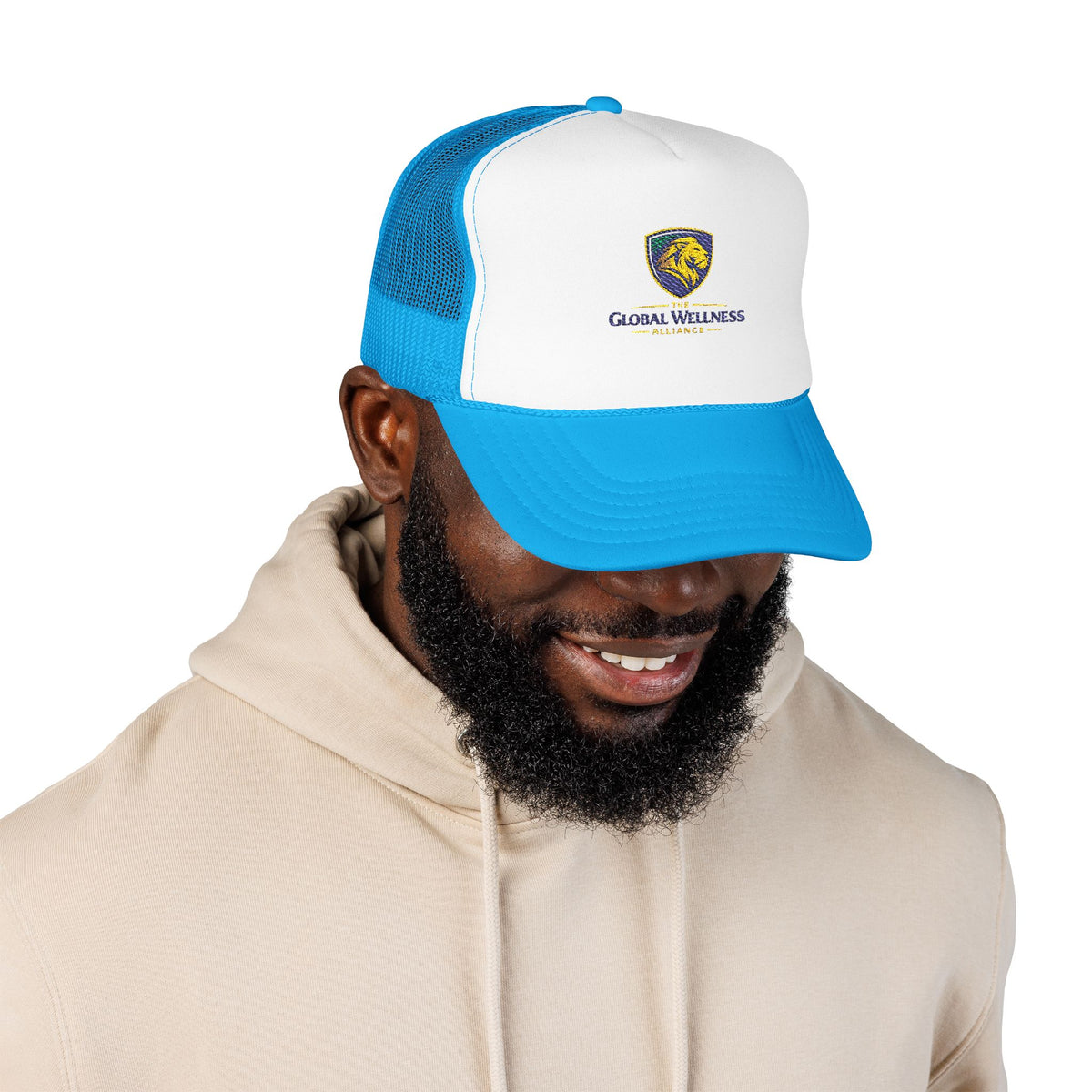 Global Wellness Alliance Trucker Hat — Embroidered Shield Logo Foam Cap
