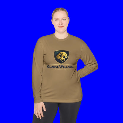 Moisture-wicking long sleeve tee in beige featuring Global Wellness branding, perfect for workouts and outdoor activities.