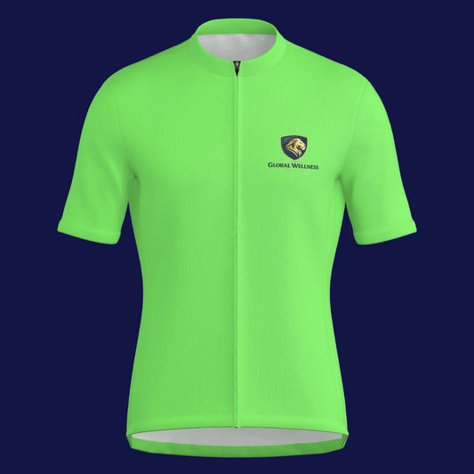 all-over print men's cycling jacket in vibrant green with a logo for Global Wellness