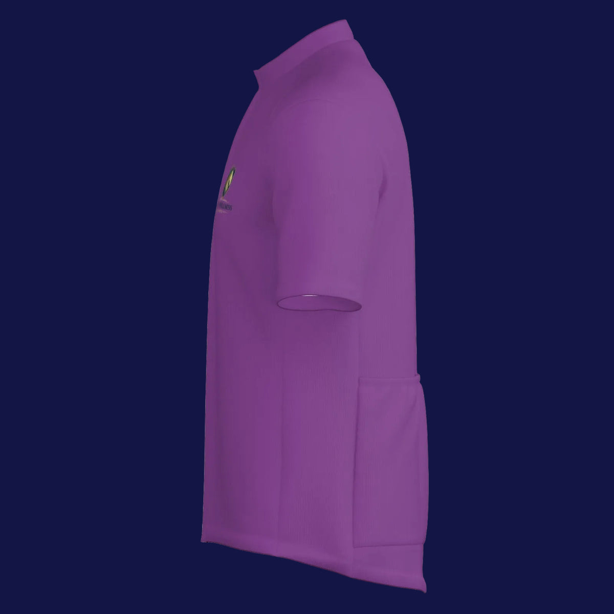 Men's cycling jersey zipper jacket in vibrant purple color, showcasing its side view and pocket details.