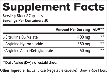 Supplement facts for nitric oxide supplement for circulation highlighting ingredients and nutritional information.