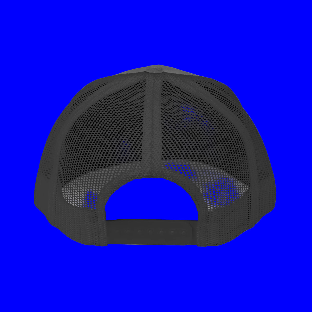 Back view of an embroidered trucker cap in gray with mesh detailing, designed for style and outdoor functionality.